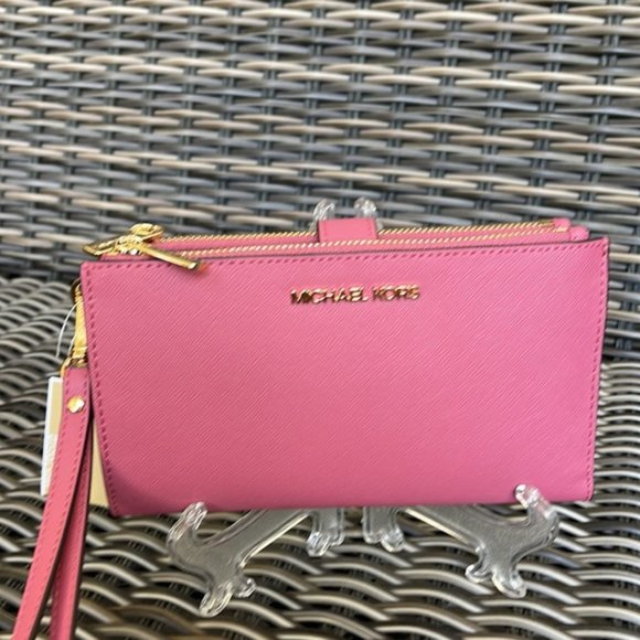 Michael Kors Jet Set Travel Large Double Zip Wristlet Wallet Rosewood Leather - Picture 2 of 16